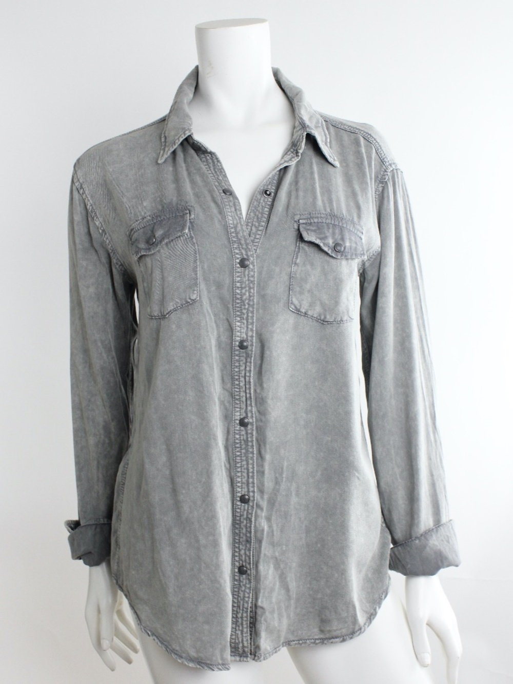 Soft Rayon Gray Grey Button Down Shirt Top Faded Distressed Minimal Long Sleeve
